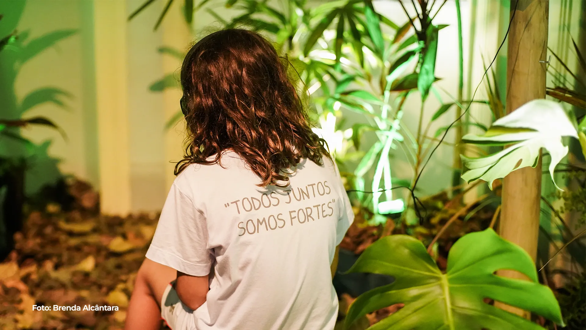 Pessoa de costas com a camiseta "Todos juntos somos fortes" entre as plantas